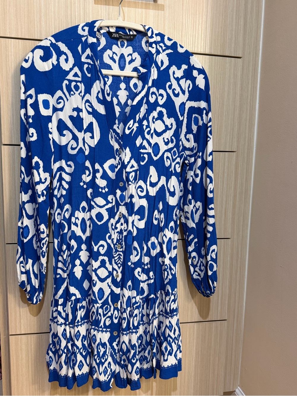 Zara Royal Blue and White Long-Sleeve Printed Dress